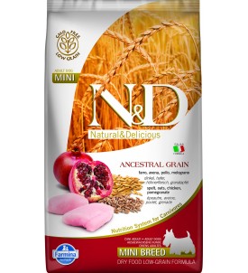 Farmina N&D Bajo en Cereales Razas Mini Perros Pollo, Granada, Aloe Vera, Psyllium Cúrcuma y Té Verde