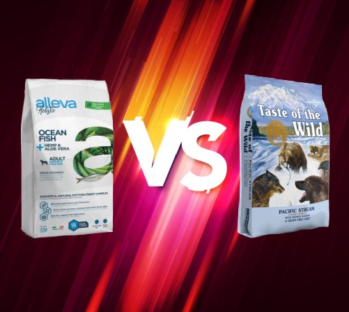 Comparación Taste of the Wild: pienso para perros adultos con Salmón vs. Alleva Holistic para Adultos de raza Mediana/Grande con Pescado Oceánico